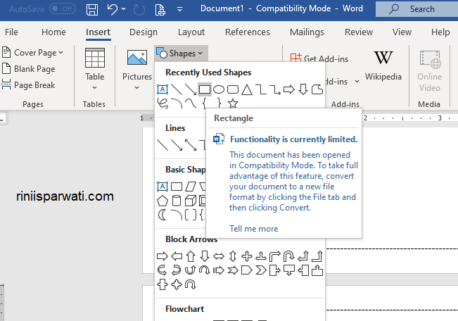 menu insert shape di microsoft word untuk membuat kotak, garis, lingkaran, segitiga dll