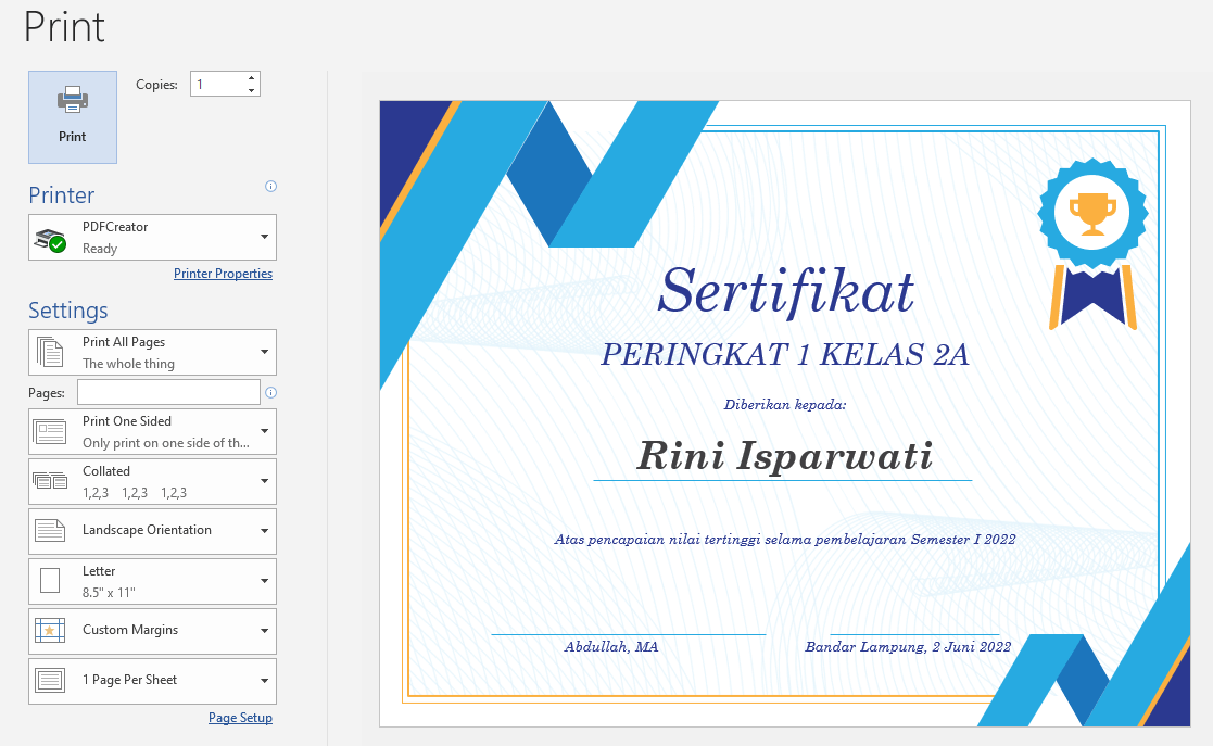 print sertifikat di microsoft word
