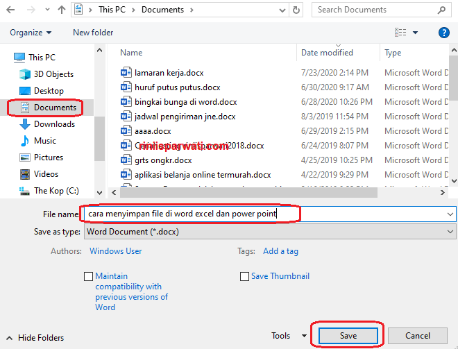 cara menyimpan file di word excel dan power point