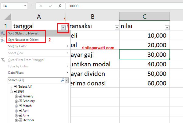 cara sortir tanggal pada microsoft excel