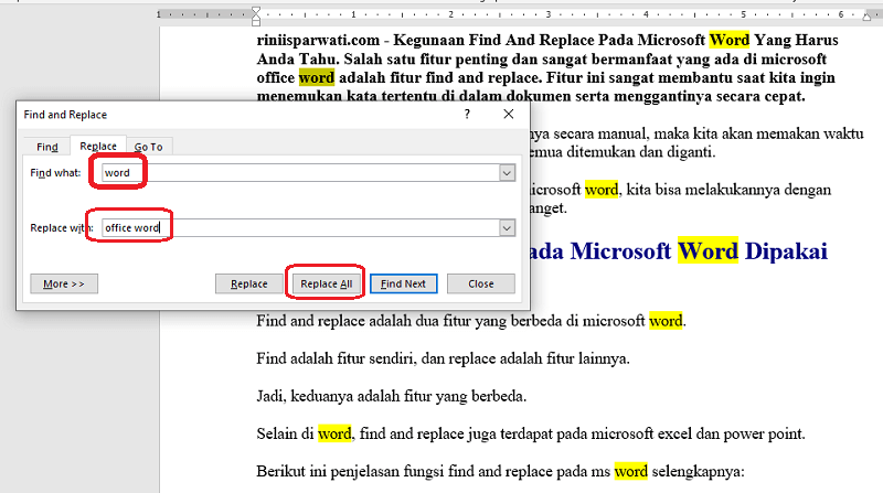 fungsi fitur find and replace di microsoft word