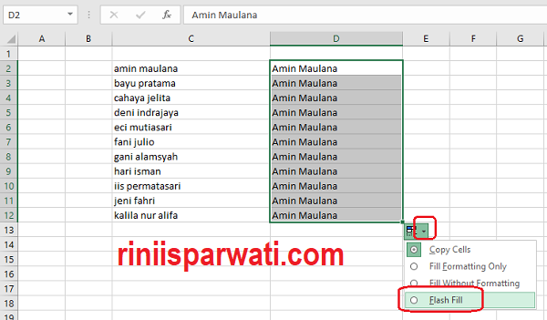 menggunakan flash fill di excel untuk mengubah huruf kecil ke besar tanpa rumus